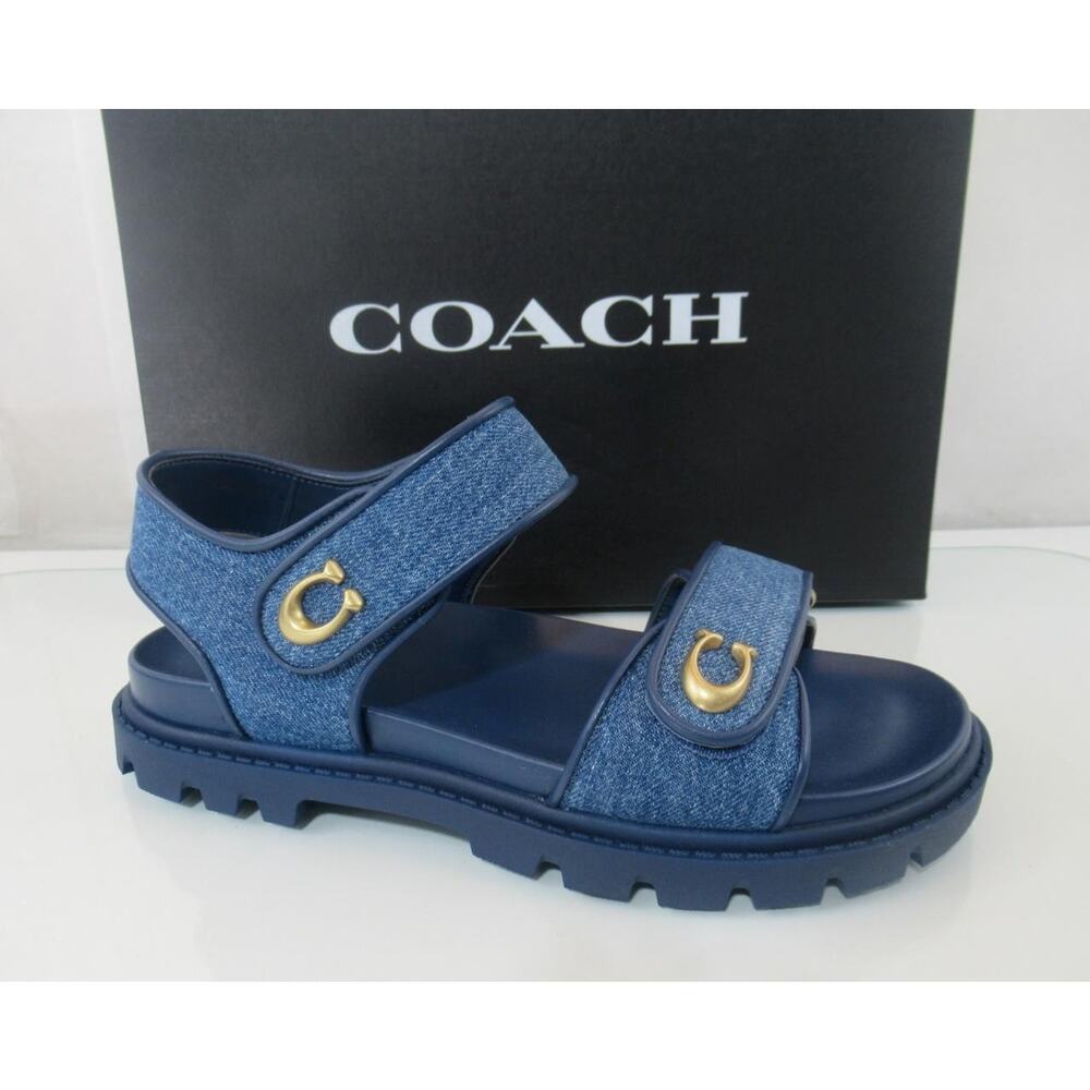 Coach Size 6.5 Brynn Denim Double Band Straps Sandals Comfort Deep Blue